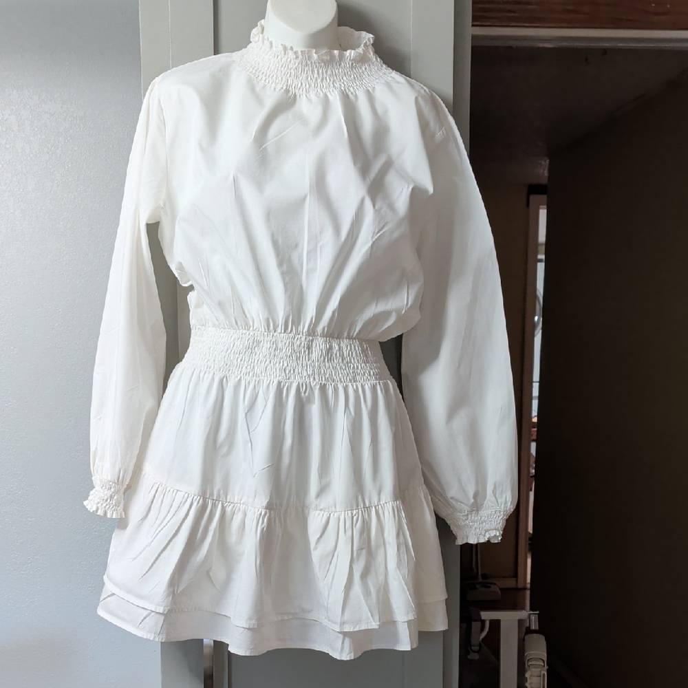 Nasty Gal White Smocked-Waist Long Sleeve Mini Dress
